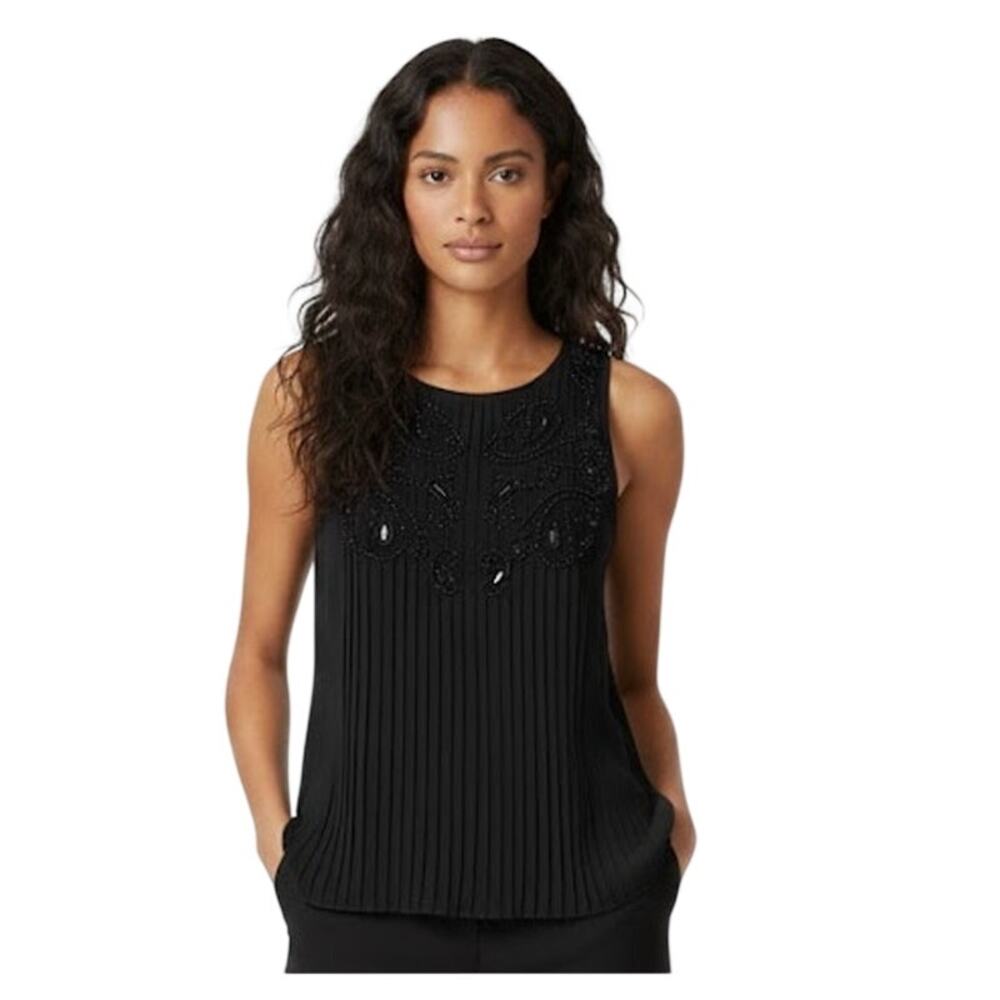 White House Black Market Beaded Pleated Blouse Black EUC Size 6